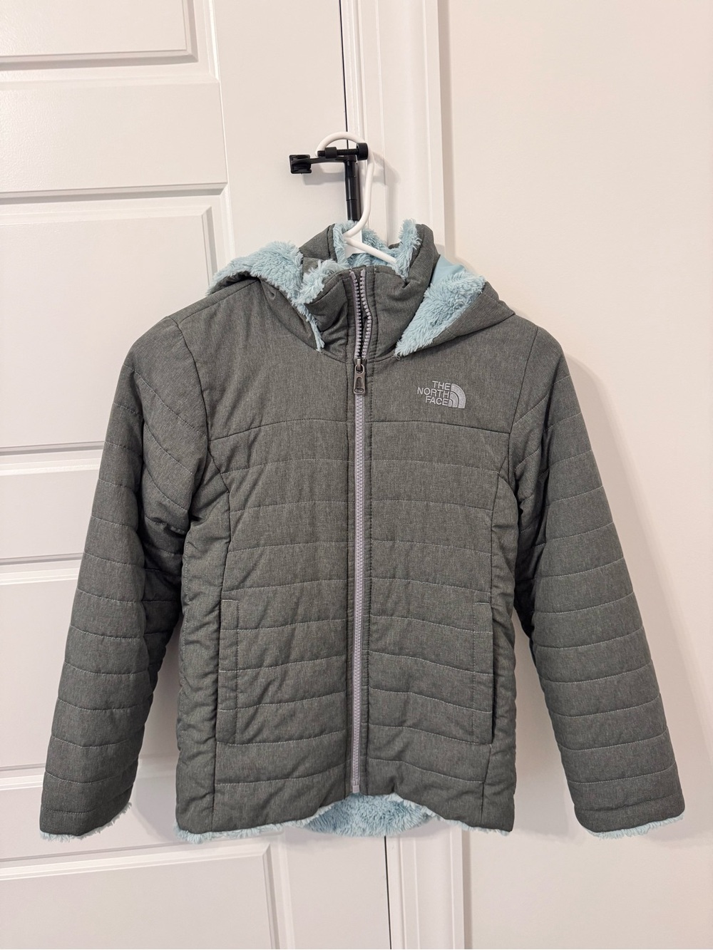 The North Face Kids Gray Quilted Puffer Jacket with Light Blue Sherpa Hood Trim